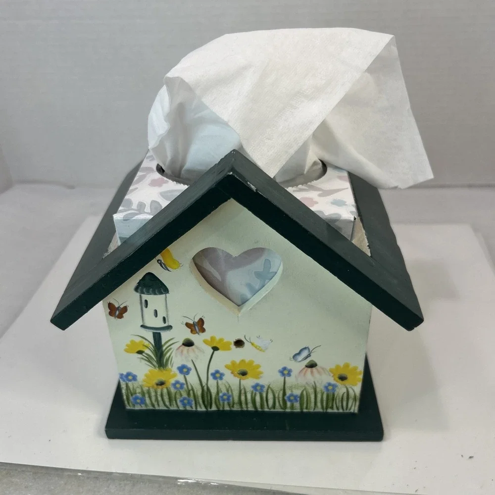Crazy Mountain Wood Hand Painted‎  Butterfly Flower Garden Tissue Box Decor Read